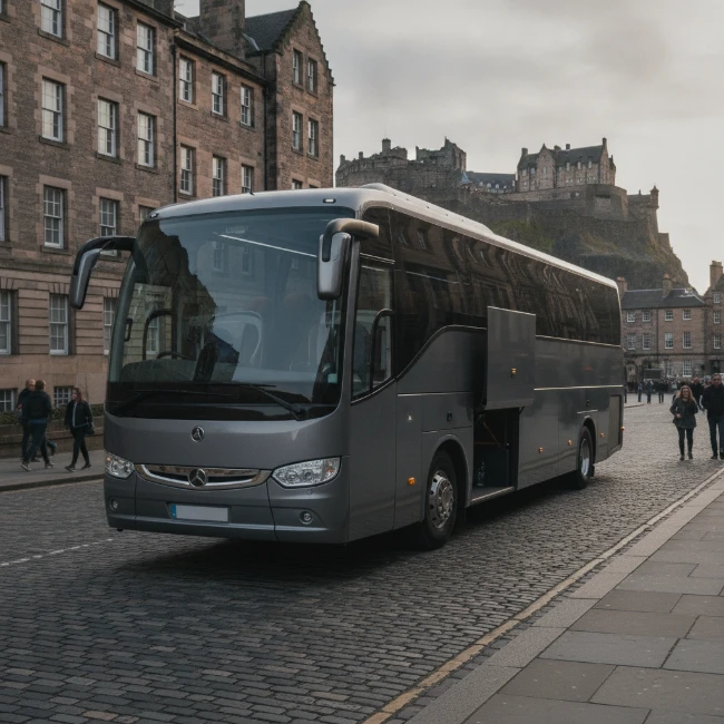 A sleek, unbranded coach parked on a historic street in Edinburgh, awaiting passengers for a group excursion.