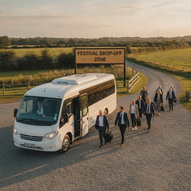An executive minibus dropping off passengers at a clearly marked festival coach park, with attendees disembarking smoothly.
