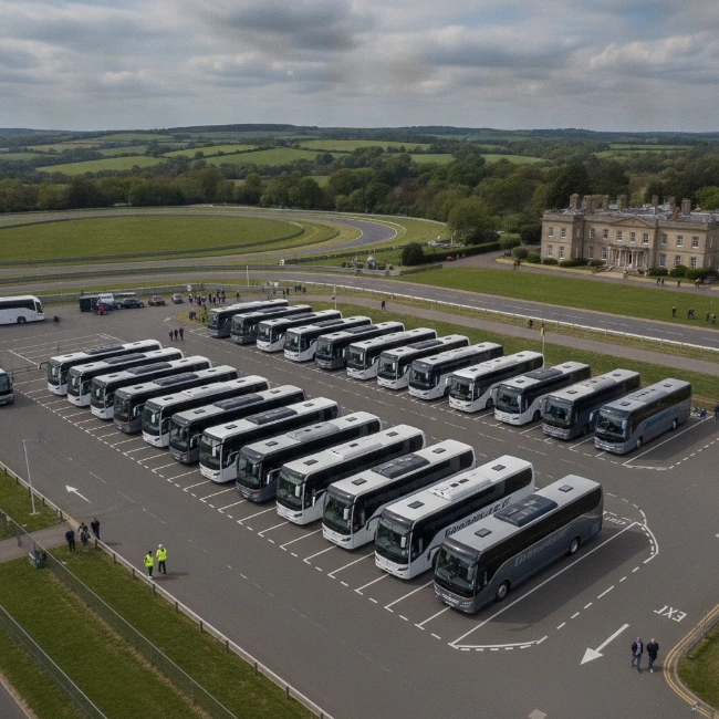 Goodwood Festival of Speed Coach Hire, West Sussex – Group 2 Organised coach parking area at a large outdoor event, with Goodwood Estate visible in the distance.