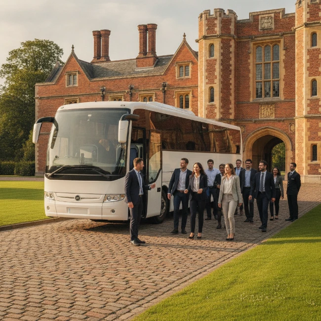 Coach Hire for Hampton Court Palace, London/Surrey – Group 2 A sleek, modern coach parked at a dedicated drop-off zone, with a group of passengers comfortably disembarking near a grand, historic building entrance.