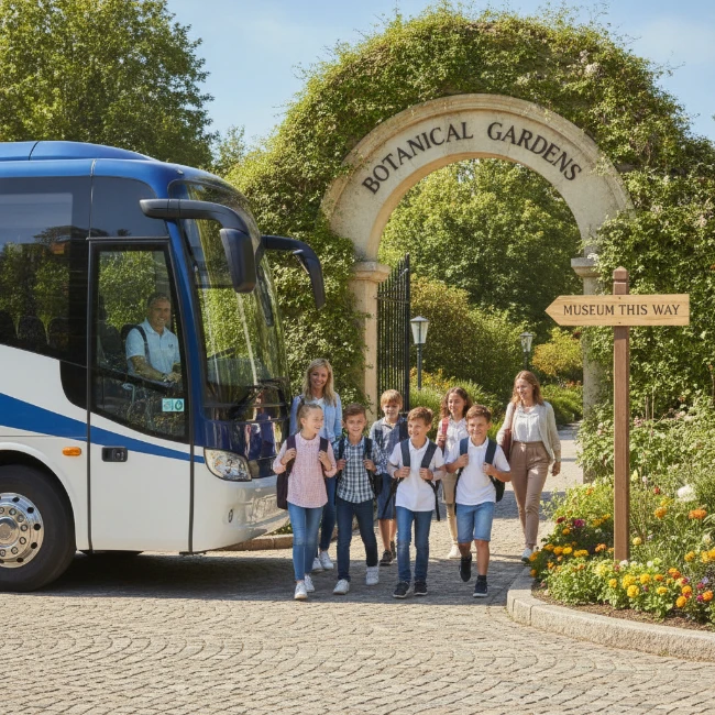 Coach Hire for Horniman Museum and Gardens, London — Group 2 A professional coach dropping off a group of excited school children and teachers near the main entrance of the Horniman Museum and Gardens.