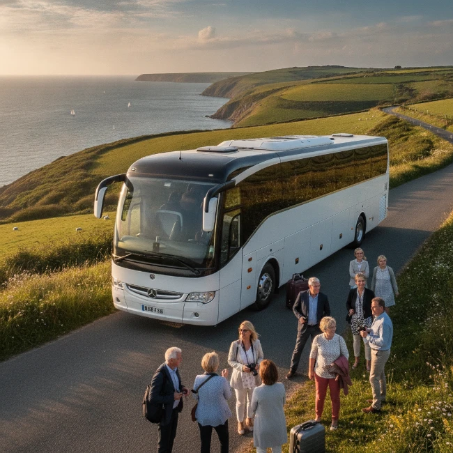 Luxury coach parked on a scenic road on the Isle of Wight.