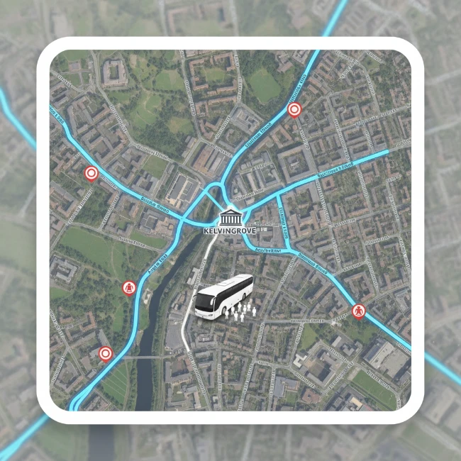 Coach Hire for Kelvingrove Art Gallery & Museum, Glasgow – 2 A map of Glasgow's West End showing Kelvingrove Art Gallery and Museum, with coach routes and drop-off points marked.