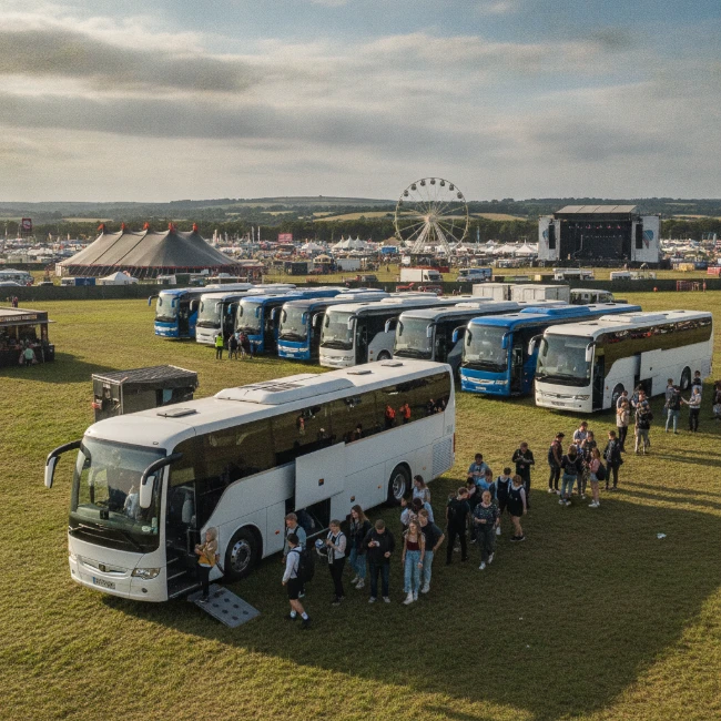Kendal Calling Coach Hire, Cumbria – Group Travel & 2 Coaches parked in a designated festival coach park at Lowther Deer Park, with people moving around, demonstrating organised transport for Kendal Calling.