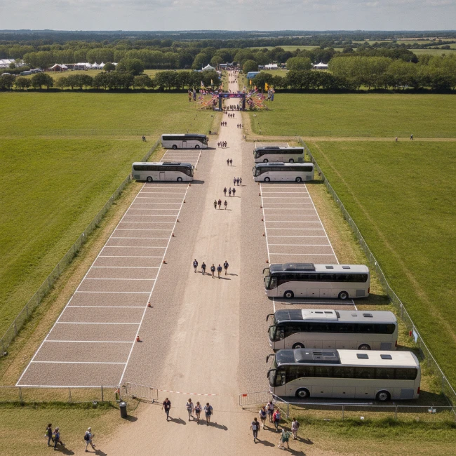 Coach Hire for Latitude Festival, Henham Park, Suffolk – 2 An aerial view of a designated coach parking area at a large outdoor festival, with several modern coaches parked and festival-goers walking towards the main entrance at Henham Park, Suffolk.