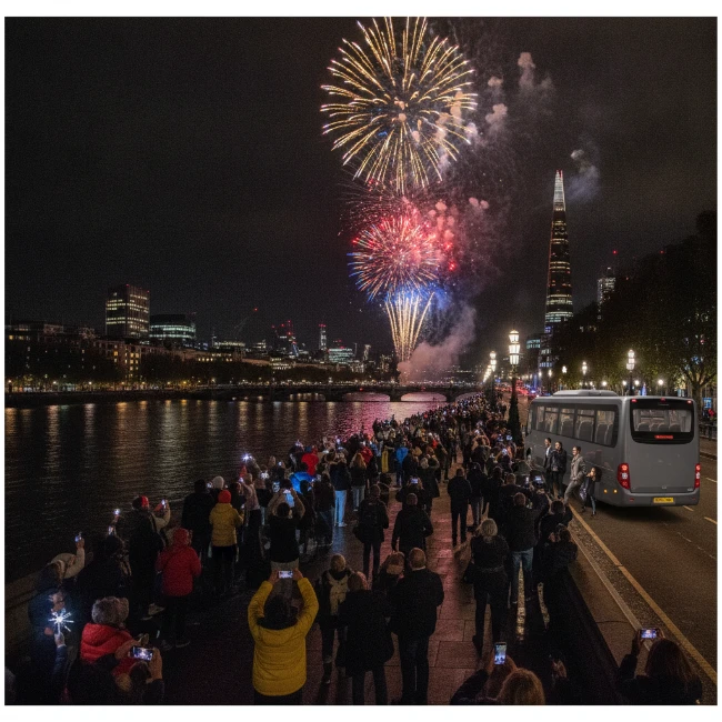 Crowds gathering along Victoria Embankment in London for a New Year's Eve fireworks display.