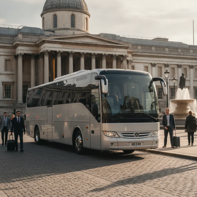 A modern coach parked near Trafalgar Square, London.