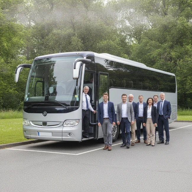 Coach Hire for Moors Valley Country Park, Dorset — Group 2 A modern MyBus4U coach parked in a dedicated coach bay at Moors Valley Country Park, with passengers disembarking.