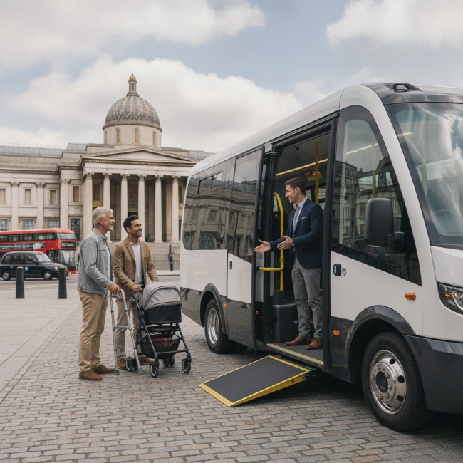 A minibus parked conveniently near an entrance to the National Gallery.
