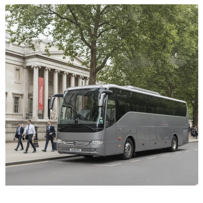 A luxury coach parked on a London street, with the National Portrait Gallery in the distance.