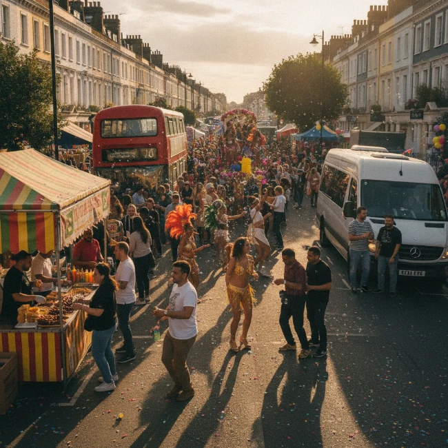 Crowds enjoying the atmosphere and street vendors at Notting Hill Carnival.