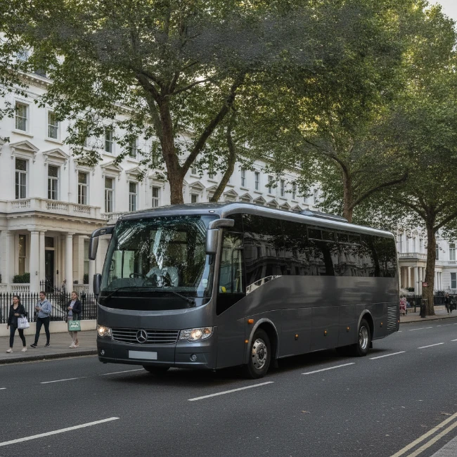 Coach Hire for Natural History Museum, London – Group 2 An executive minibus travelling through a picturesque street in South Kensington, London, near the Natural History Museum.