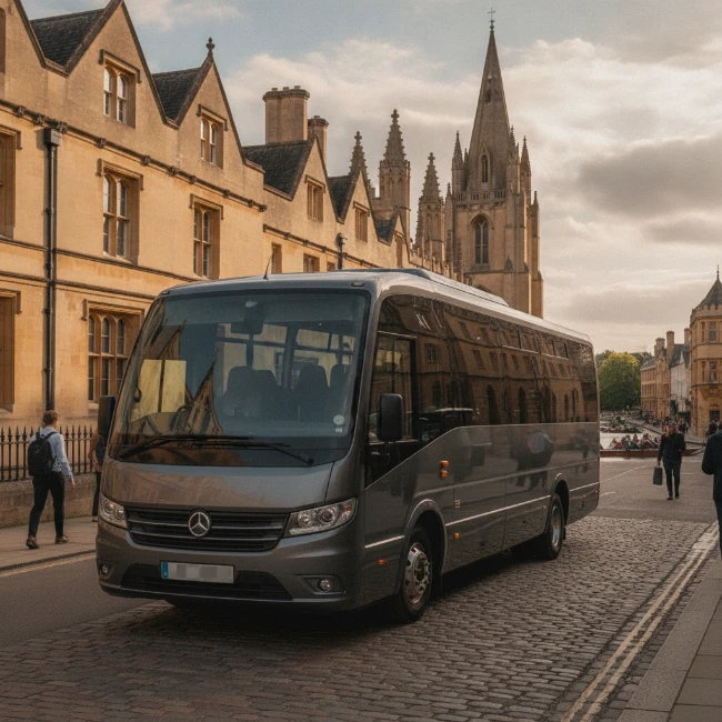 Modern minibus parked on a street in Oxford, UK, near university buildings.