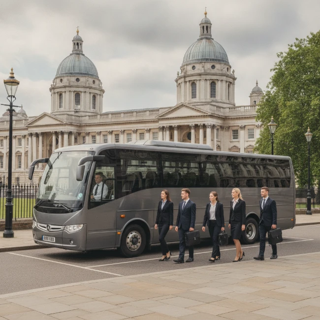 Coach Hire for Old Royal Naval College, London – Group 2 An executive minibus dropping off passengers at a designated point near the historic Old Royal Naval College in Greenwich.
