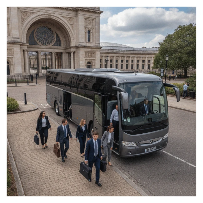 Executive coach parked at a designated drop-off point near Alexandra Palace.