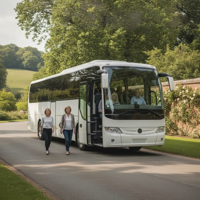 A comfortable coach ready to transport groups to RHS Garden Wisley, highlighting convenient access.
