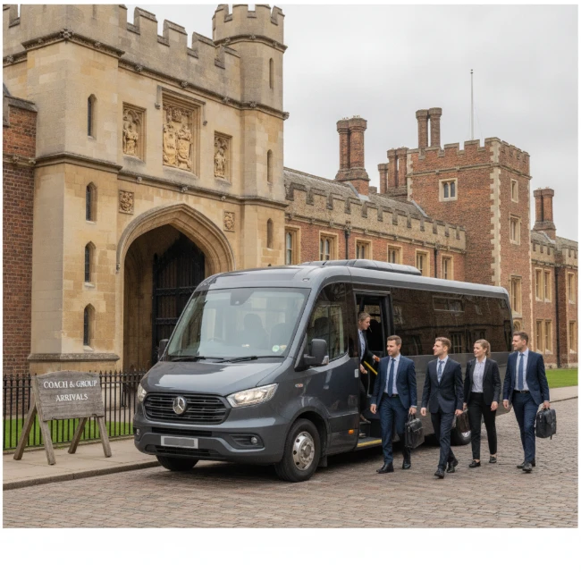 Coach Hire for RHS Hampton Court Palace Garden Festival, 2 An executive minibus dropping off passengers at a designated coach drop-off point near the entrance of Hampton Court Palace, with other visitors nearby.