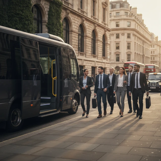 A comfortable executive minibus parked on a street near the Royal Albert Hall, with a group of passengers safely disembarking.