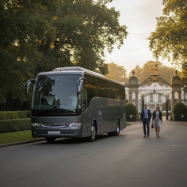 A luxury coach parked near the entrance to Ascot Racecourse.