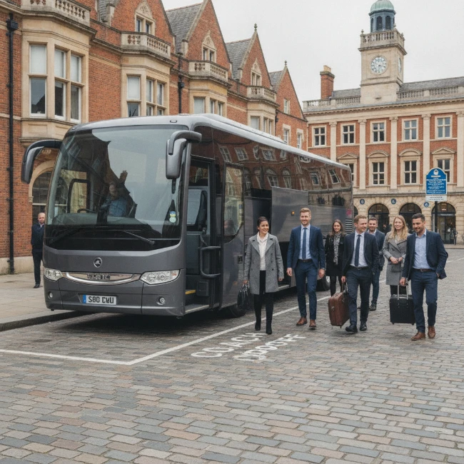Coach Hire for Roman Baths & Pump Room, Bath – Group Travel 2 A modern, dark-coloured executive coach parked at a designated group drop-off point in a historic British city, with passengers disembarking.
