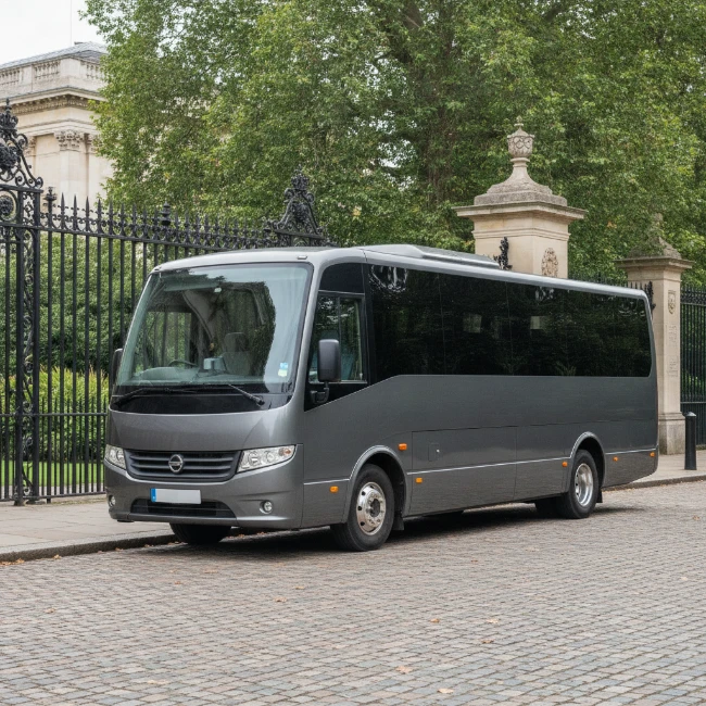 A comfortable executive minibus parked near a picturesque entrance to the Royal Botanic Gardens, Kew, ready to transport visitors.