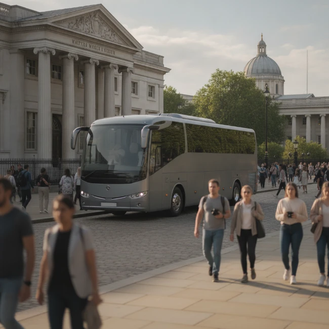 A coach parked near the entrance of the National Maritime Museum, facilitating group access to Royal Museums Greenwich.