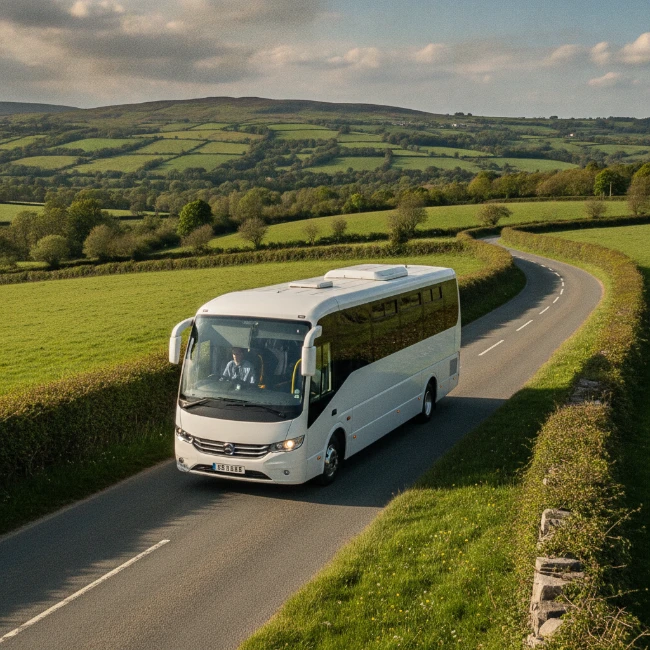 Coach Hire for Royal Welsh Show, Builth Wells, Powys — 2 A clean white executive minibus travelling on a scenic Welsh rural road towards Builth Wells.