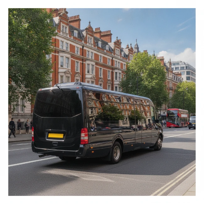 Coach Hire for Science Museum, London – Group Transport 2 An executive minibus driving through the streets of South Kensington, London, en route to the Science Museum.
