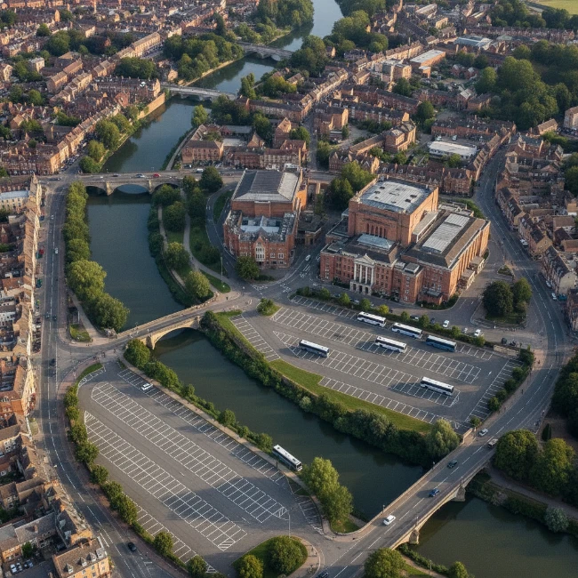 Aerial view of Stratford-upon-Avon, showing the Royal Shakespeare Theatre complex, the River Avon, and nearby coach parking areas.