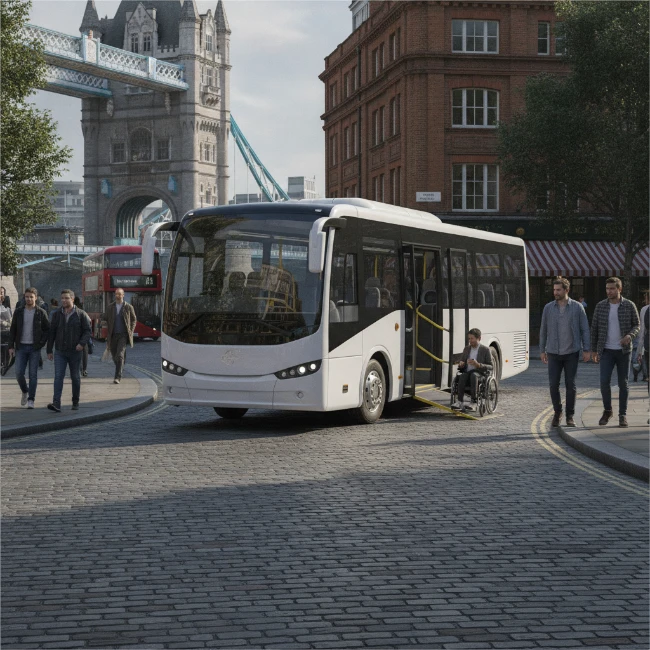 A coach parked on a London street, illustrating accessible group transport near major attractions.