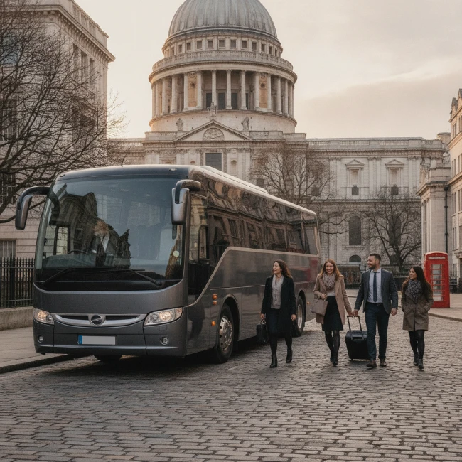 A coach parked on a London street with St Paul's Cathedral in the background, illustrating convenient group access.