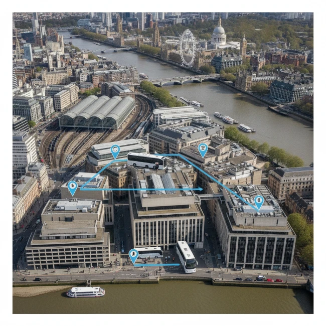 Coach Hire for Southbank Centre, London – Group Travel 2 An aerial perspective of the Southbank Centre complex along the River Thames, showing its central London location near Waterloo Bridge and the London Eye.