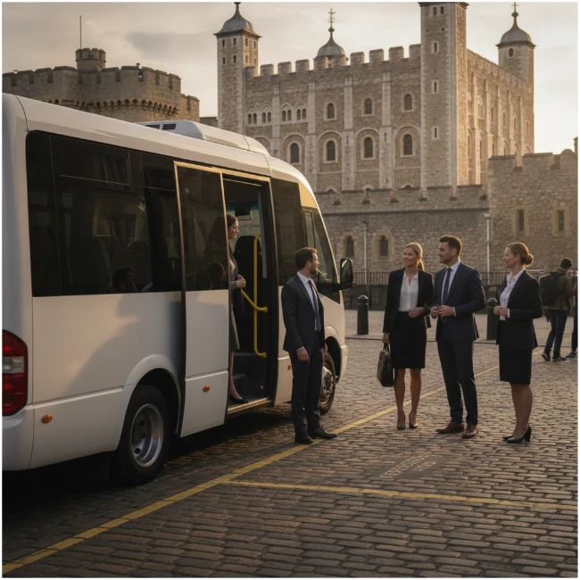 Coach Hire for Tate Britain, London — Group Travel Solutions 2 An executive minibus at a designated drop-off point near a London landmark, with passengers disembarking.