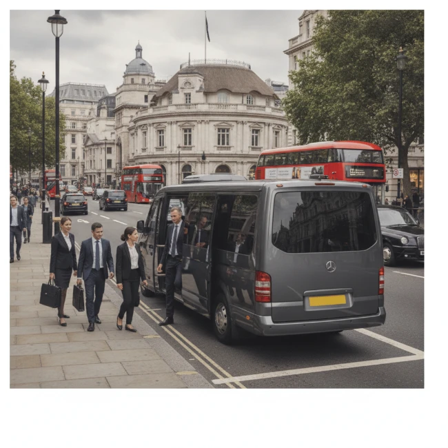 An executive minibus parked at a designated drop-off point in a central London theatre district street, with passengers disembarking.
