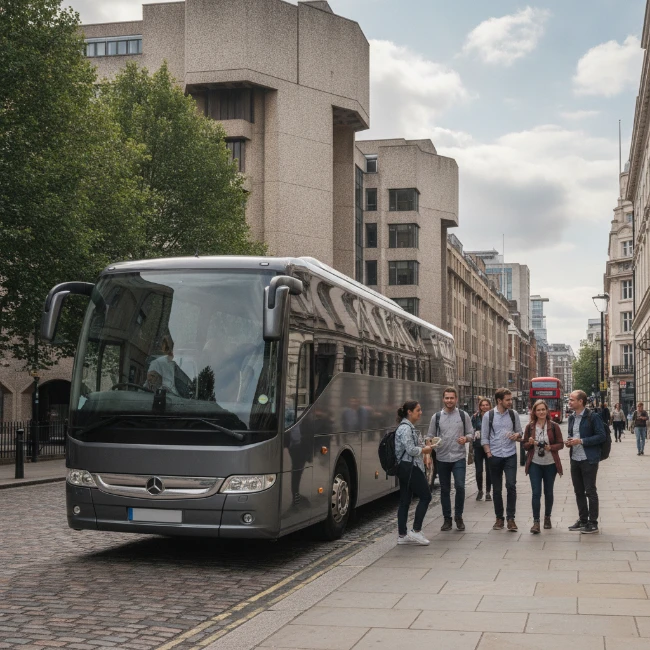Coach providing convenient transport near The Barbican Centre, London.