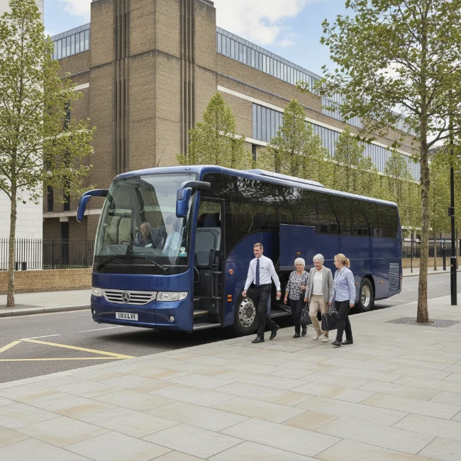 A coach parked on a street near Tate Modern, indicating convenient group access.