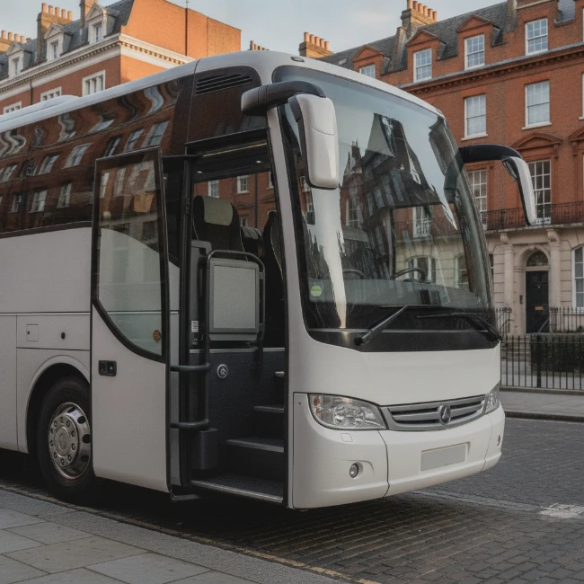 Coach providing convenient group transport with London's historic surroundings.