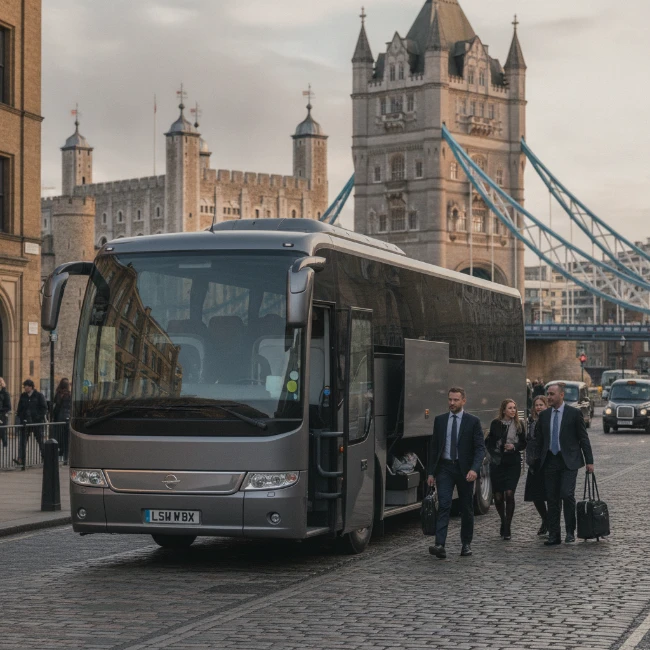 An executive coach parked on a street in London, with Tower Bridge and the Tower of London visible in the background.