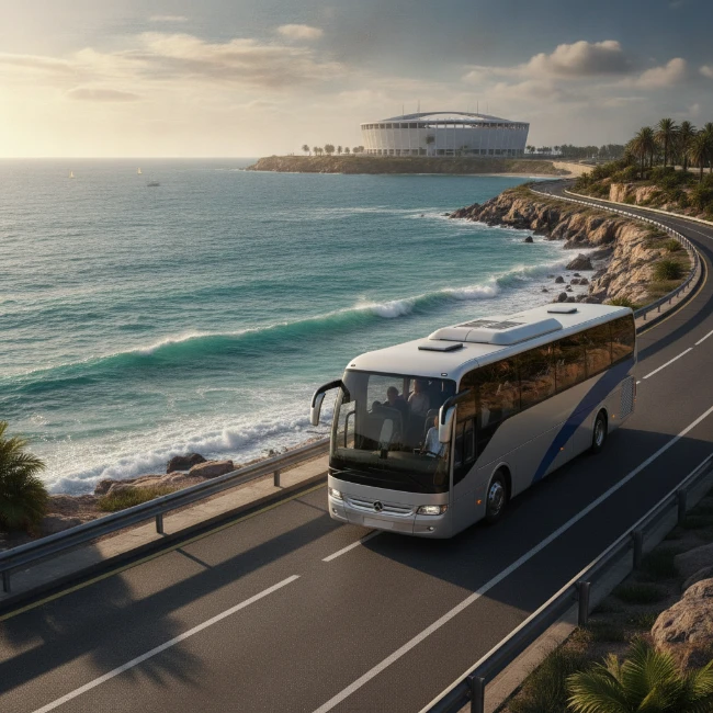 Coach travelling on a scenic route towards a major event venue in the UK.