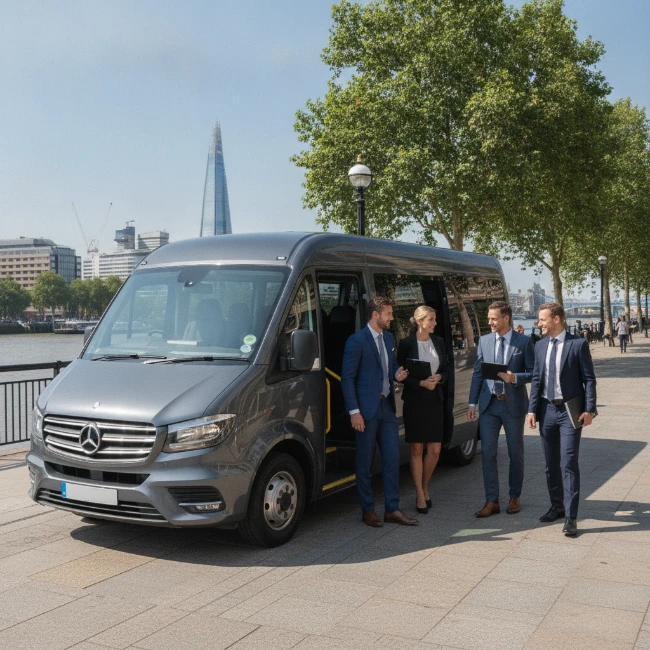 Coach Hire for The Boat Race, London – Group Travel 2 An executive minibus parked on a quiet street near the River Thames, with a group of passengers stepping out, ready to enjoy a day out.