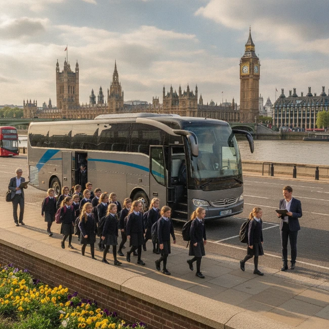 Coach Hire for UK Parliament Tours, London – Group Transport 2 A coach dropping off a group of students near the UK Parliament building, with Big Ben in the background.