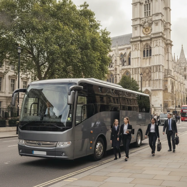 An executive coach parked near Westminster Abbey, offering convenient group access to the London landmark.