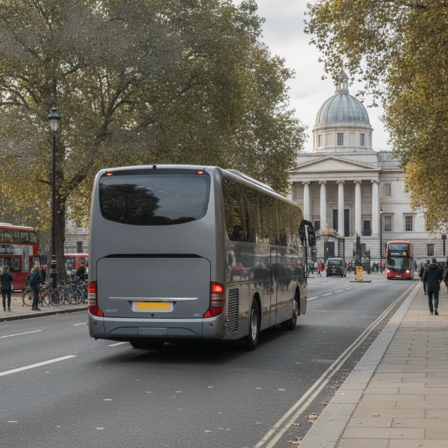 Coach Hire for ZSL London Zoo, London — Group Transport 2 A large, modern 50-seat luxury coach driving on a wide, tree-lined road in London, with a historic building in the background.