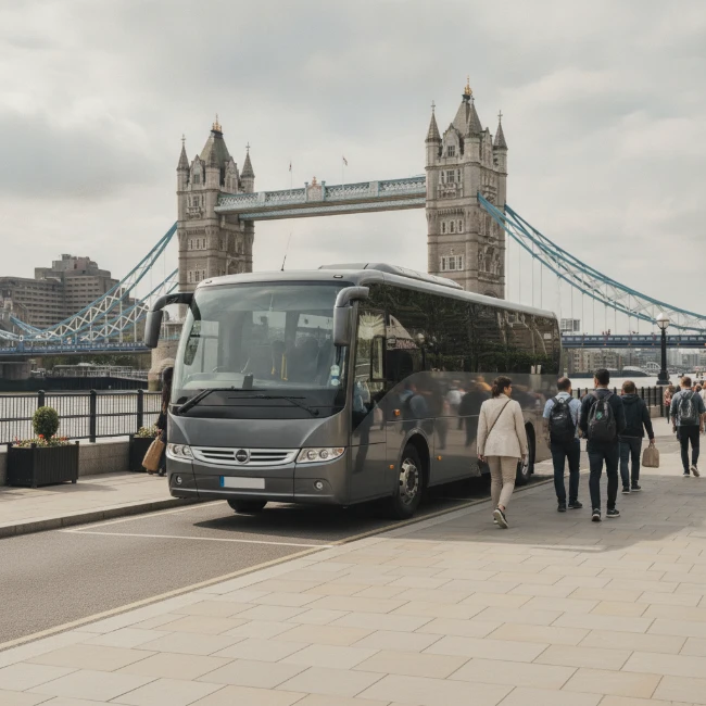 Coach Hire for V&A Museum, London – Group Travel Solutions 2 A comfortable coach parked at a designated drop-off point in central London, ready for museum visitors.