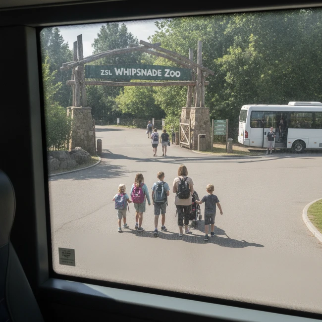 View of ZSL Whipsnade Zoo entrance area from a coach.