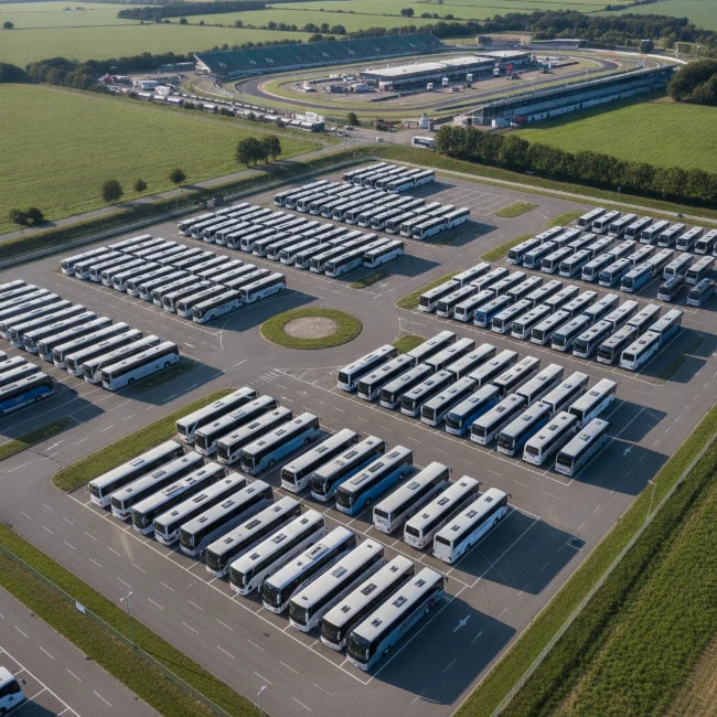 Coach Hire for F1 British Grand Prix, Silverstone — Group 2 An aerial view of an organised coach parking area at Silverstone Circuit, with multiple coaches.