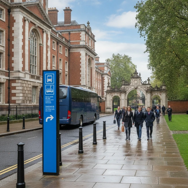 Designated coach drop-off point near the Royal Hospital Chelsea for the RHS Chelsea Flower Show.