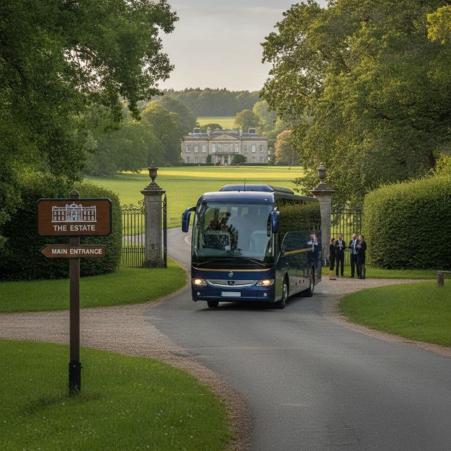 A coach driving on a country road towards a large estate entrance.