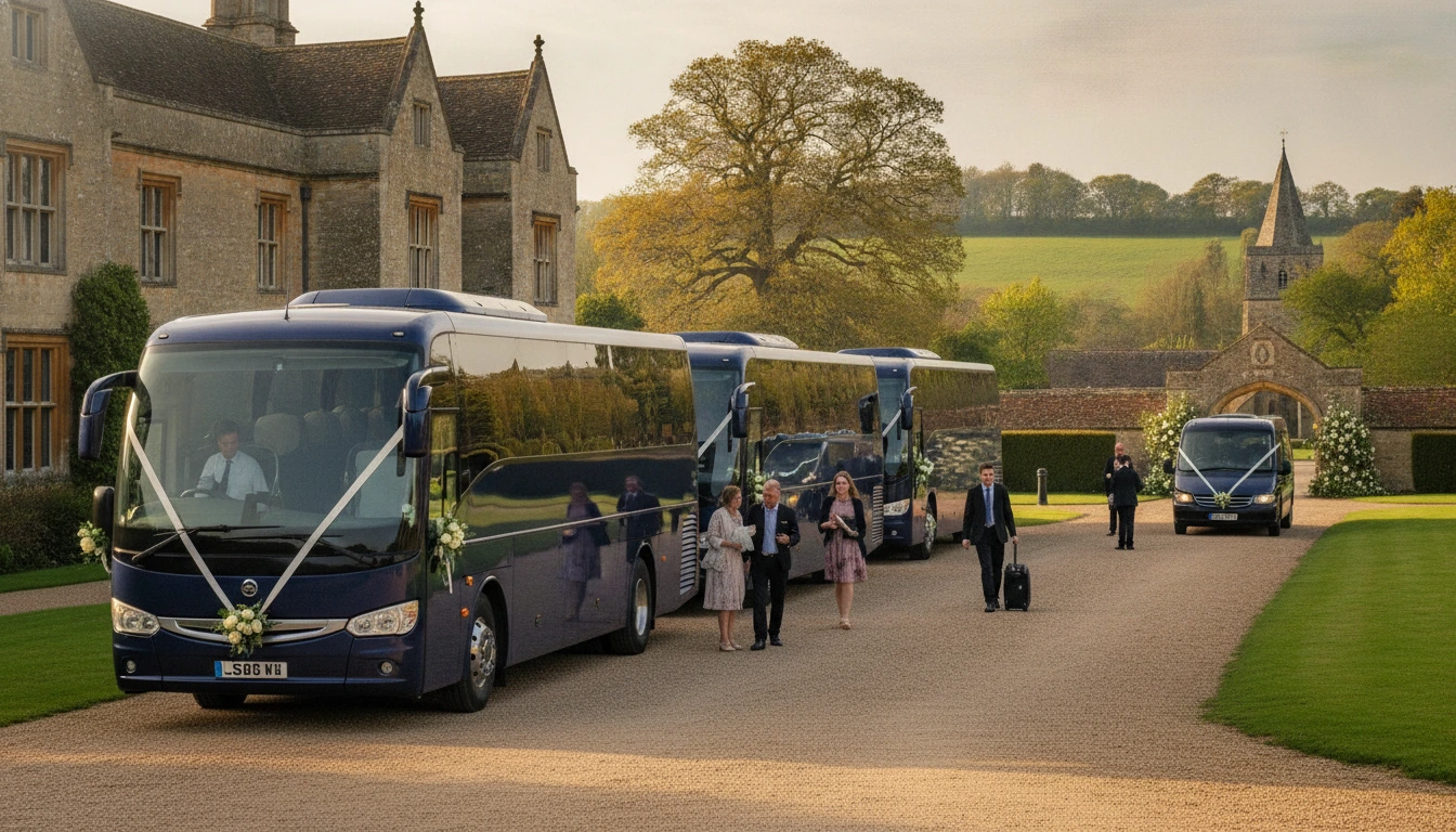 A MyBus4U coach waiting outside a Hertfordshire wedding venue