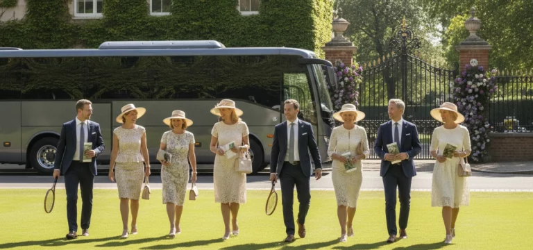 A luxury coach parked near the entrance of the All England Club, with well-dressed attendees walking towards The Wimbledon Championships.